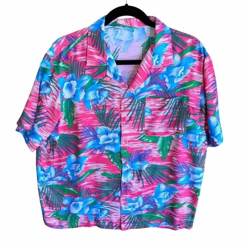 Vintage Retro Hawaiian Tiki Shirt Mens Large Bright Bold Floral Pink Blue Green